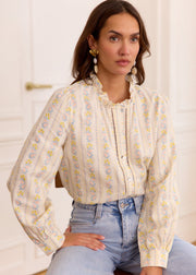 Chemise écrue fleurie jaune et rose