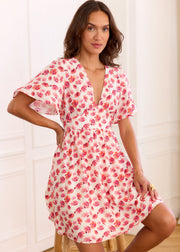 Robe fleurie fuchsia corail fils dorés