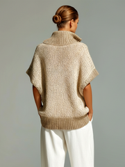 Haut panneaux contrastés col montant beige chiné — vue portée de dos