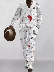 Ensemble top jacquard pantalon blanc à motif de Noël rouge — vue portée en marche