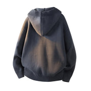 Dos du cardigan gris anthracite à capuche et poches plaquées.