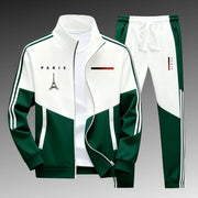 Ensemble zippé à bandes contrastantes — vert foncé et blanc, veste ouverte et pantalon