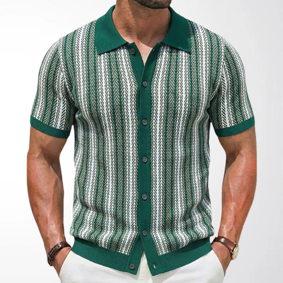 Chemise tricotée à manches courtes vert, blanc et noir — vue portée de face