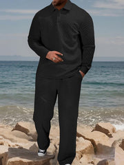 Ensemble polo texturé pantalon cordon noir — vue portée en pied