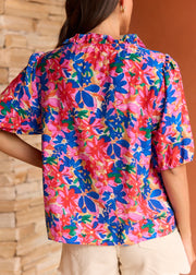 Chemise fleurie bleu rose manches courtes