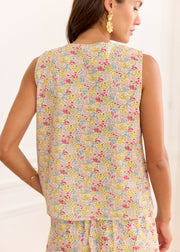 Top fleuri jaune rose boutonnée