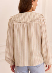 Blouse beige rayée col Claudine volanté