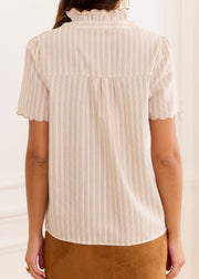 Blouse rayée taupe brodée festonnée