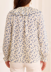 Blouse blanche fleurie bleue lien col