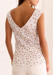 Top fleuri maille pointelle col V