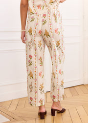 Pantalon ample beige fleuri en coton