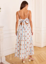 Robe bleue rayée fleurie brodée