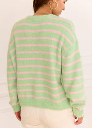 Gilet vert rayé rose — vue portée de dos