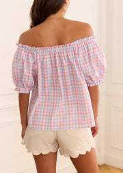 Blouse carreaux rose bleu col bardot