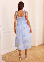 Robe midi rayée bleu blanc brodée