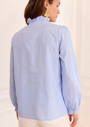 Blouse bleue rayée col volanté