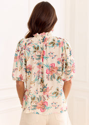 Blouse beige fleurie rose vert