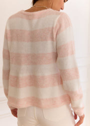 Pull rayé rose blanc — vue portée de dos
