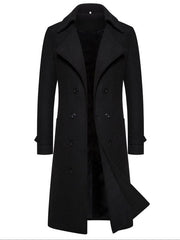 Manteau croisé à larges revers noir — pièce isolée, vue de face