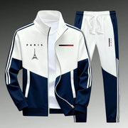Ensemble zippé à bandes contrastantes — bleu marine et blanc, pantalon à bandes latérales