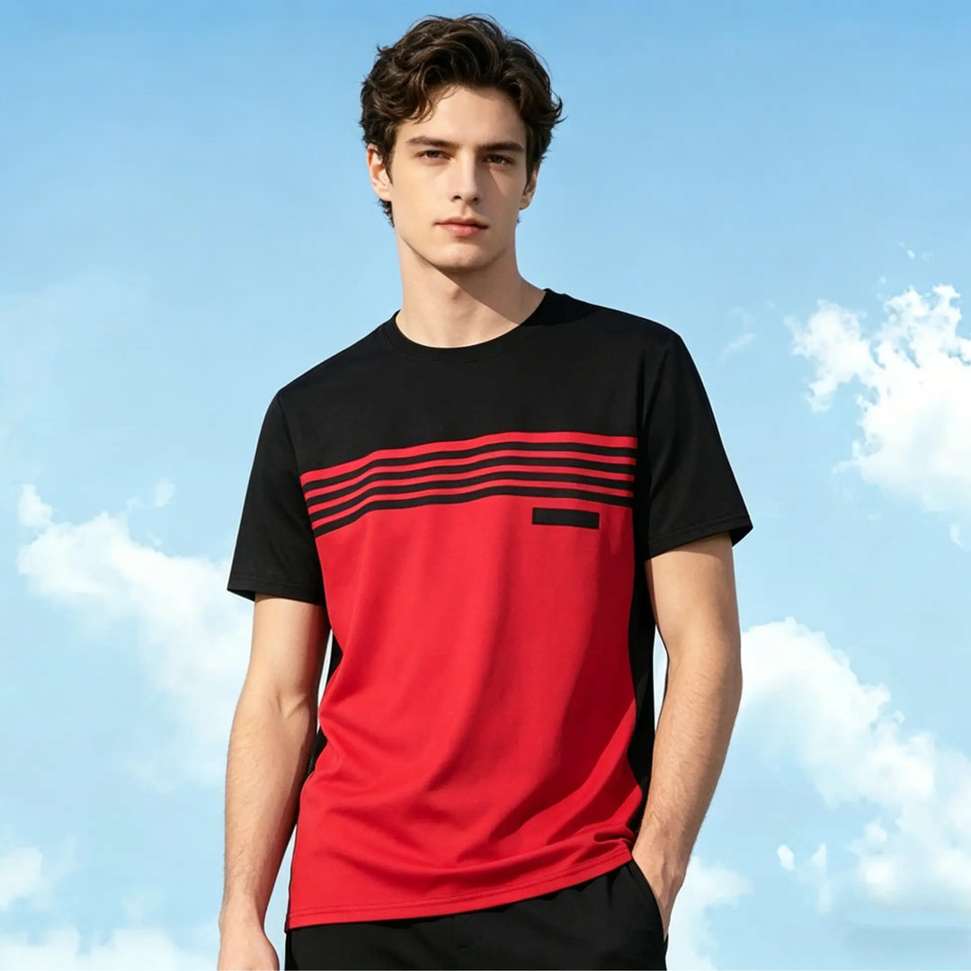 T-shirt à empiècements contrastés rouge, vue portée de face