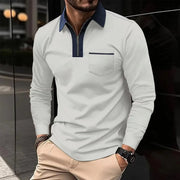 Polo à col zippé contrastant gris clair, col bleu marine — vue portée de face