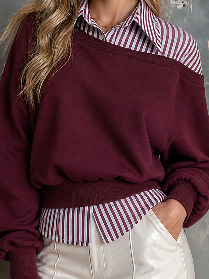 Sweat bordeaux à effet chemise rayée — vue de dos. Soniel Paris.