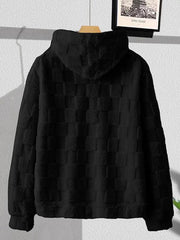 Sweat capuche damier noir — pièce isolée sur cintre, vue de dos
