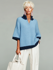Pull zippé à manches courtes bleu clair — vue portée de trois-quarts