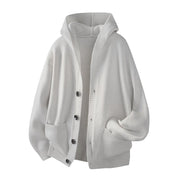 Cardigan blanc à capuche et poches plaquées, vue de face.