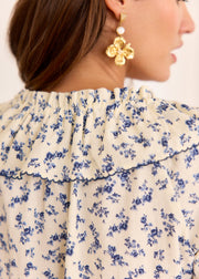 Blouse blanche fleurie bleue lien col