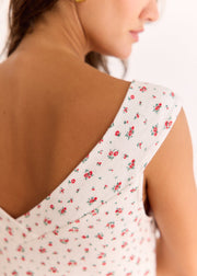 Top fleuri maille pointelle col V