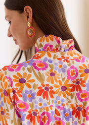 Chemise fleurie asymétrique orange violet