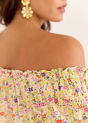 Blouse fleurie jaune épaules dénudées