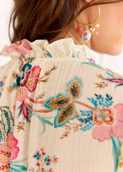 Blouse beige fleurie rose vert