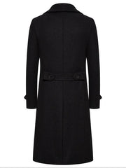 Manteau croisé à larges revers noir — pièce isolée, vue de dos