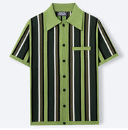 Polo cardigan rayé vert olive et noir — vue à plat, de face