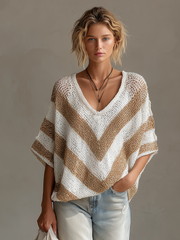 Pull rayé blanc beige — vue portée de face, buste entier