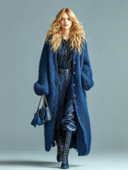Gilet long ample boutonné bleu marine — vue portée de trois-quarts