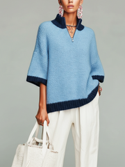 Pull zippé à manches courtes bleu clair — vue portée de face