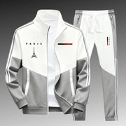 Ensemble zippé à bandes contrastantes — gris clair et blanc, veste zippée et pantalon à bandes