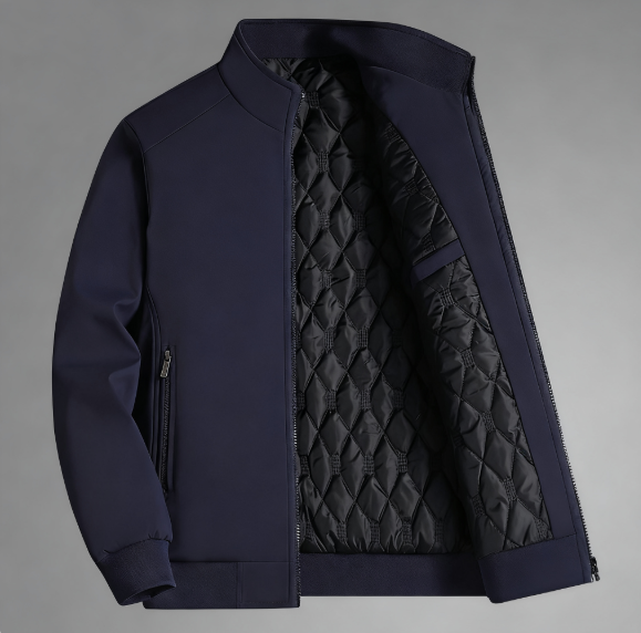 Veste bleu foncé ouverte sur un intérieur noir à losanges.