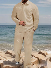 Ensemble polo texturé pantalon cordon beige — vue portée en pied