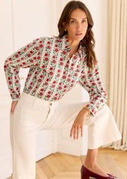 Chemise crème à fleurs rouges et vertes