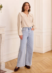 Blouse beige rayée col Claudine volanté