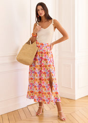 Jupe longue fleurie orange violet