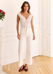 Top fleuri maille pointelle col V