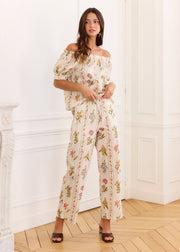 Pantalon ample beige fleuri en coton