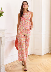 Pantalon ample rose fleuri en coton