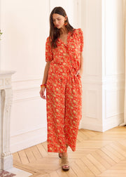 Pantalon rouge fleuri fluide